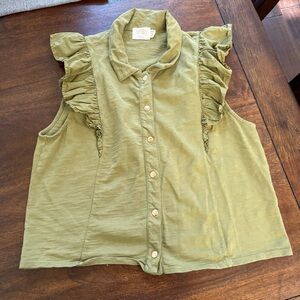 Nation LTD Archer Ruffle Sleeve Top Button Down Sleeveless Shirt Olive Green M